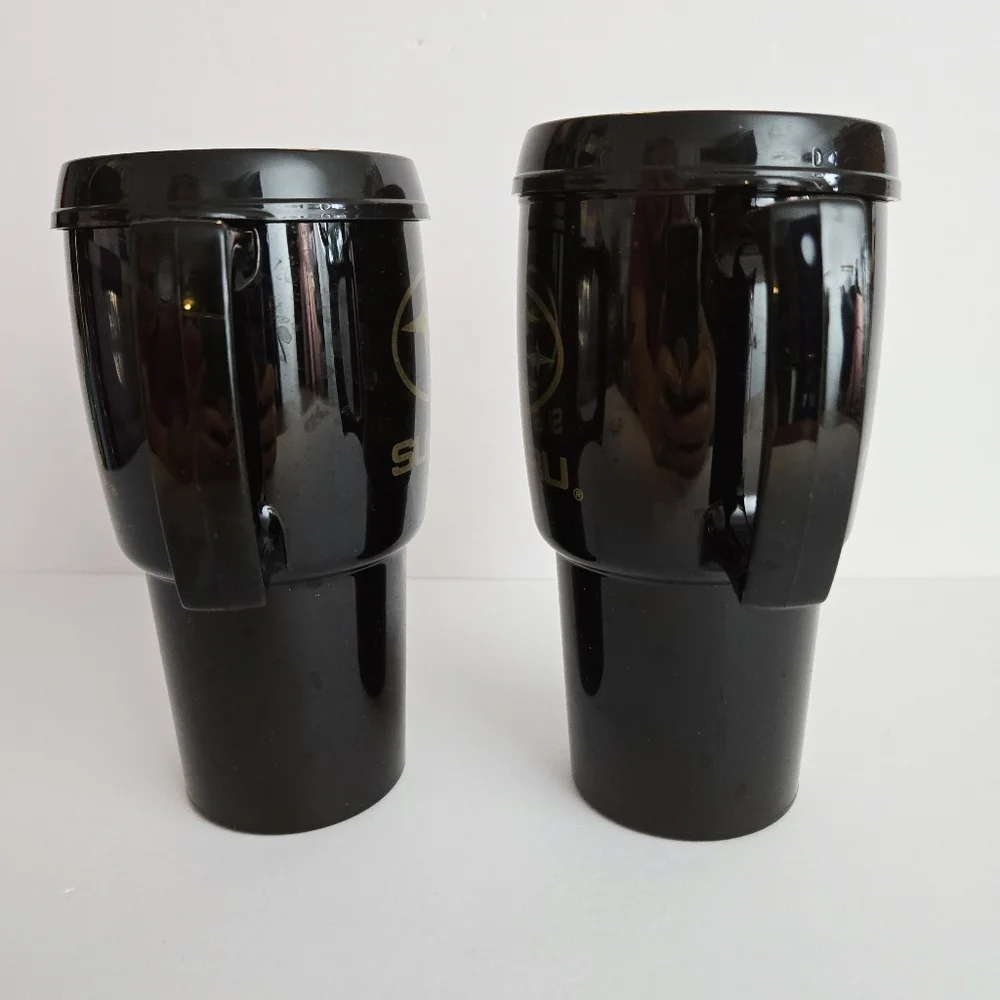 Subaru Car Travel Mugs Handles Plastic Sip Cups Lids Black Gold Collectibles
